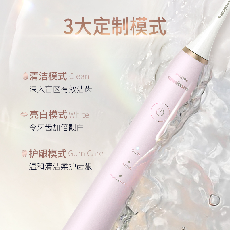 飞利浦(Philips)电动牙刷 成人声波震动式 男女充电式亮白牙刷 3大模式 配紫外线杀菌旅行盒 蔷薇粉色HX2461
