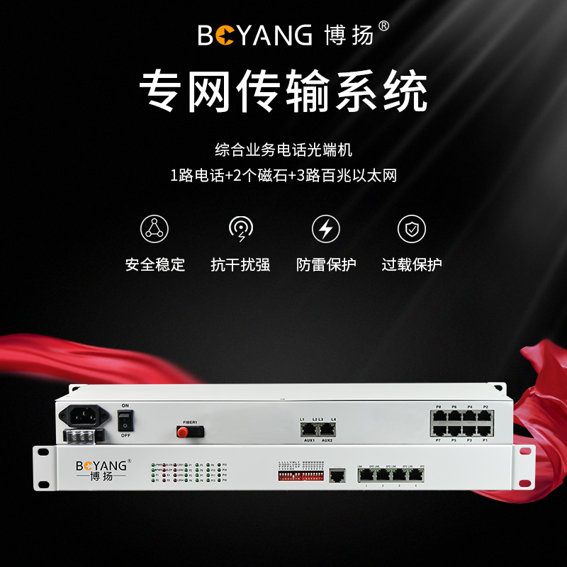 博扬 综合业务电话光端机 1路电话+2个磁石+3路百兆以太网 单纤20km 机架式 1对BY-1P3FE-2H-20KM