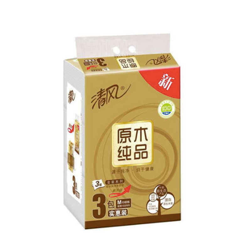 清风抽纸原木纯品金装软抽纸3层150抽*3包中规格 BR36MJ(16提起订)