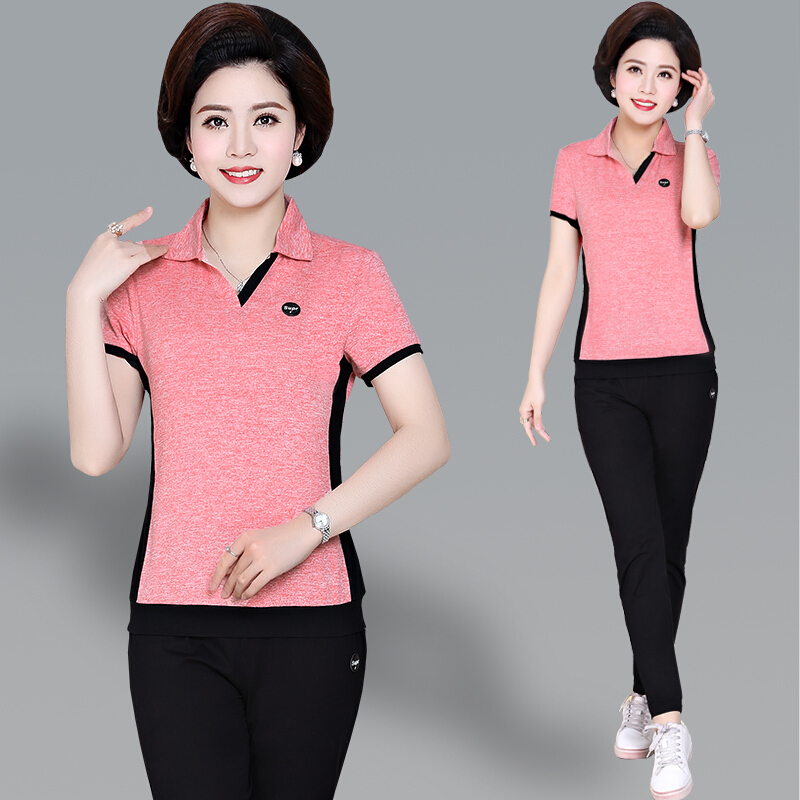 中老年运动套装女夏妈妈夏装短袖t恤女中年女装休闲两件套4050岁yy