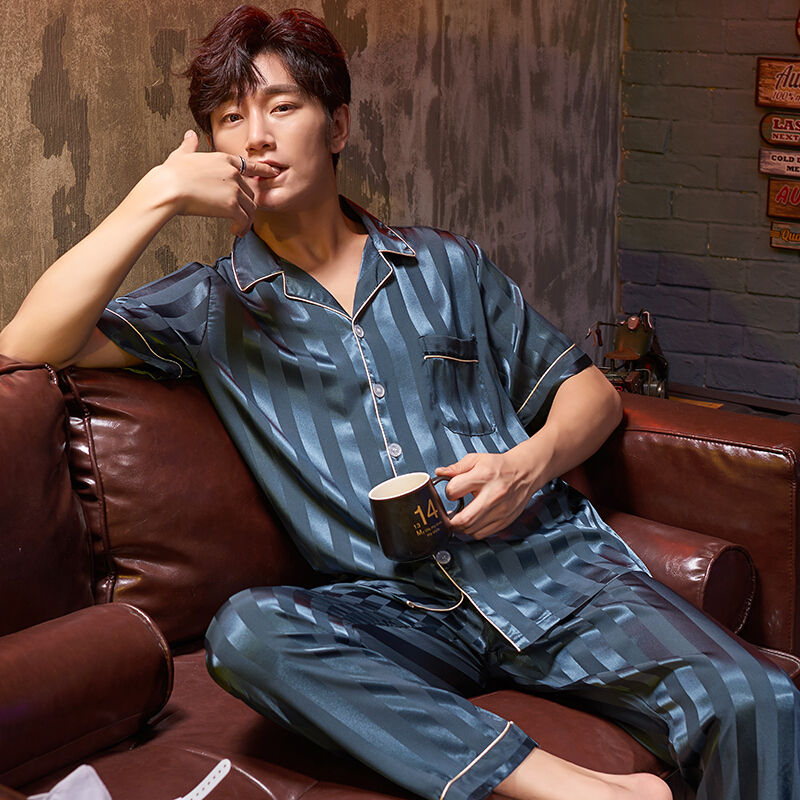 夏季薄款丝绸睡衣男夏短袖长裤冰丝南韩丝春秋大码男士家居服套装