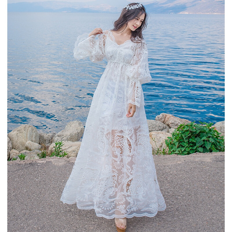 文艺复古一字领蕾丝宽松礼服长裙白色镂空大摆仙女写真度假沙滩裙白色