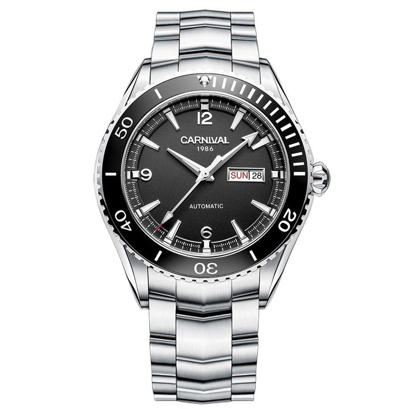 瑞士嘉年华CARNIVAL手表男士进口Miyota机芯全自动机械表 男表厚重型时尚休闲夜光防水金属精钢手表8750高清大图