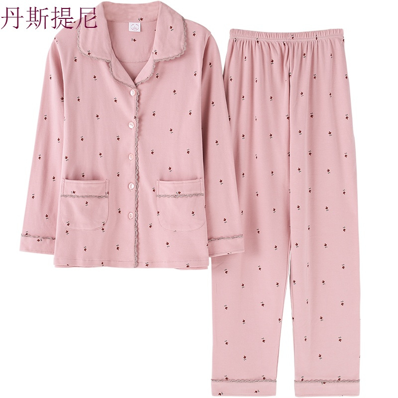 春秋季纯棉长袖睡衣女开衫薄款中年妈妈套装全棉休闲家居服加大码