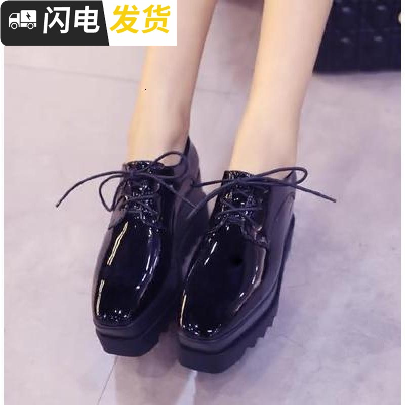 系带松糕鞋女春季2022新款黑色方头厚底英伦坡跟漆皮松糕底女单鞋启如休闲鞋