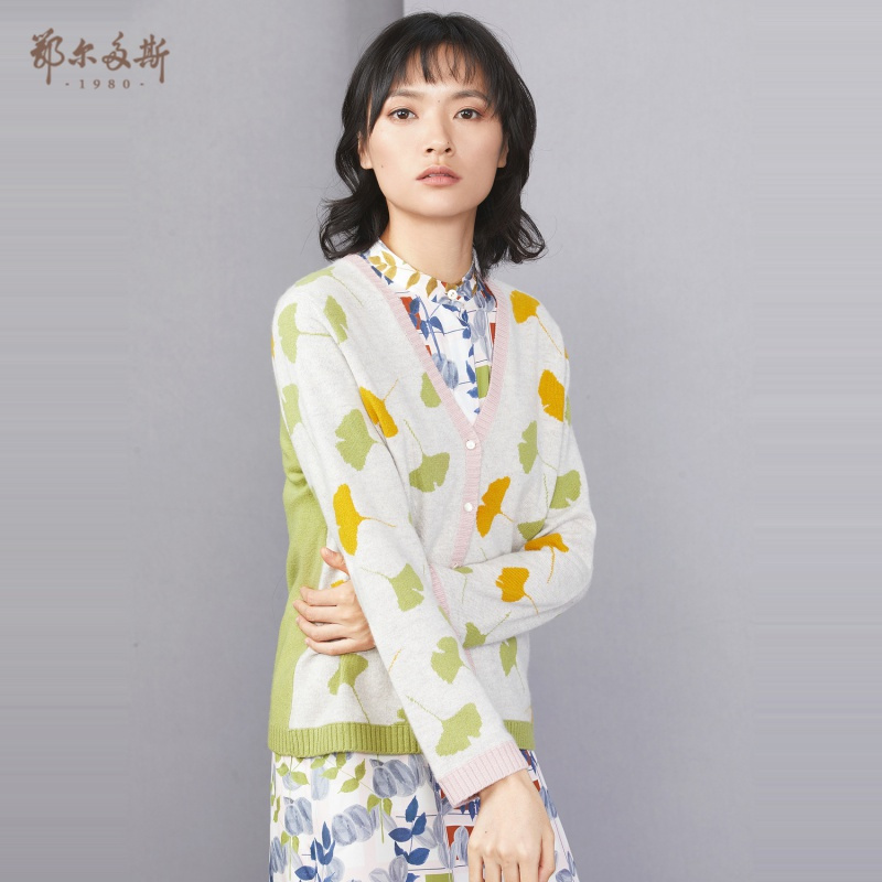 鄂尔多斯1980 秋冬V领提花女开衫羊绒衫