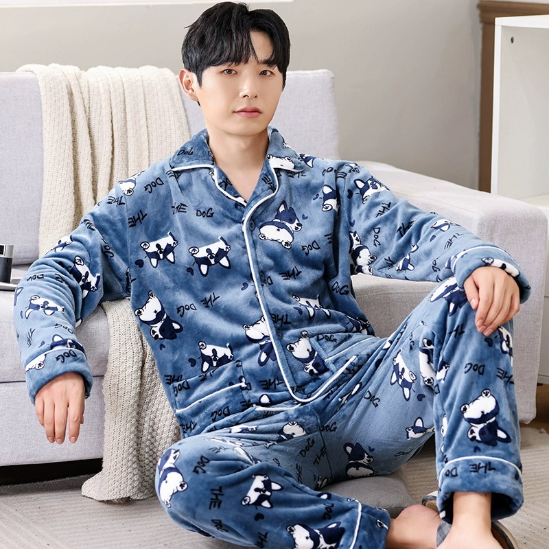 花花公子男睡衣冬季加绒加厚保暖珊瑚绒秋冬新款法兰绒家居服套花 170(L) 蓝色狗狗