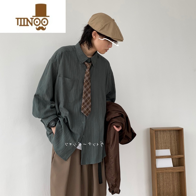 YANXU几物jiwuus日系复古褶皱衬衫男女休闲宽松纯色长袖衬衣外套i高清大图