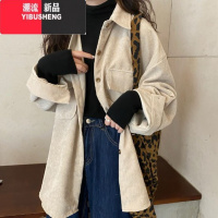 YIBUSHENG春秋2023新款复古灯芯绒宽松中长款BF风POLO领盐系长袖衬衫外套秋 均码 杏色