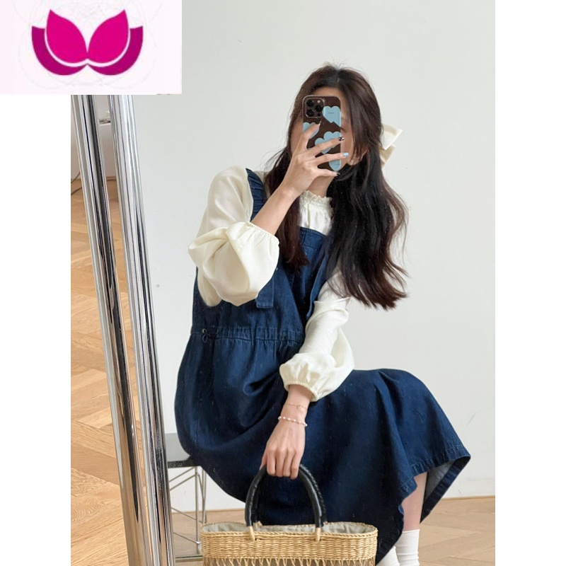 七斓唱诗少女/腰部可调节 奶系牛仔背带裙套装女春小个子衬衫套新 丹宁色背带裙 L