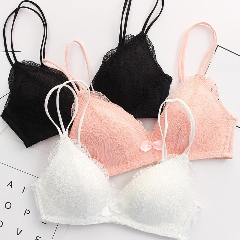 日系黑色无钢圈少女文胸小胸罩聚拢三角杯款蕾丝性感内衣套装黑色套装