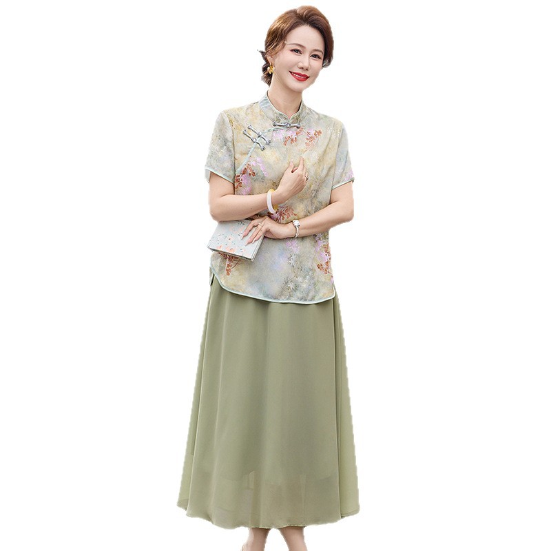 纤孜雅 中年妈妈夏装假两件减龄连衣裙新款中老年女遮肚显瘦短袖裙子高清大图