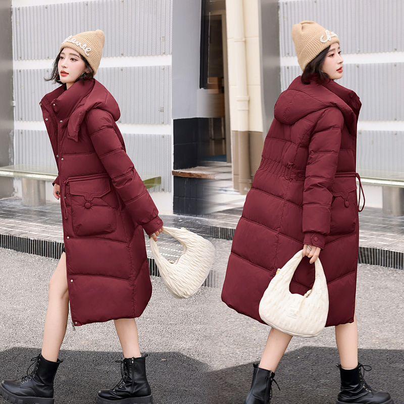 羽绒棉服冬季2024过膝新款连帽韩版宽松棉衣长款棉袄加厚外套女士 酒红色 L