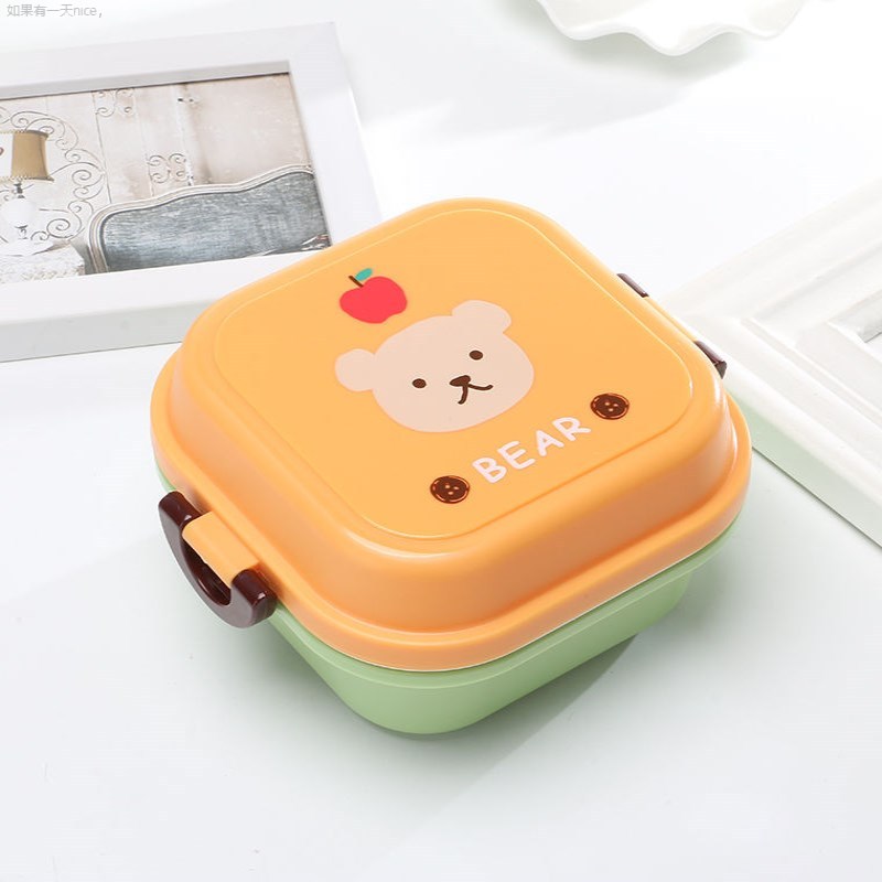 小熊双层便当盒三明治盒子便当盒可爱双层便当盒保温盒迷你小饭盒餐盒