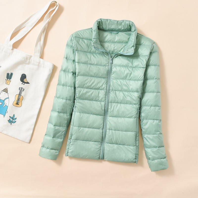 大码羽绒服女冬季新短款轻薄立领加厚保暖修身白鸭绒外套_647 豆绿 2XL