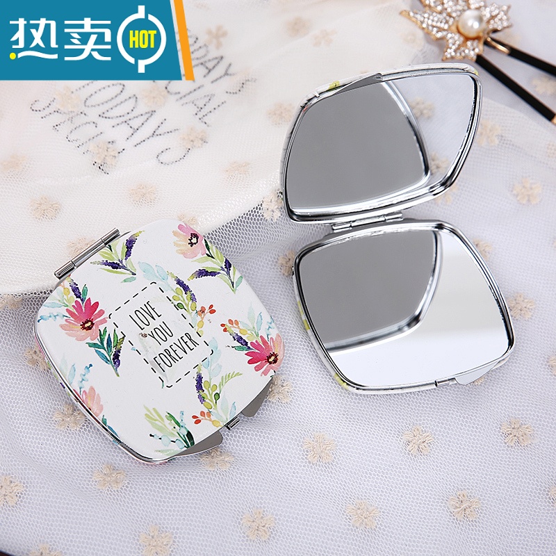 敬平时尚pu面镜韩式创意女士随身化妆梳妆镜迷你便携折叠小镜子双面镜便携式用镜 白底笑脸高清大图