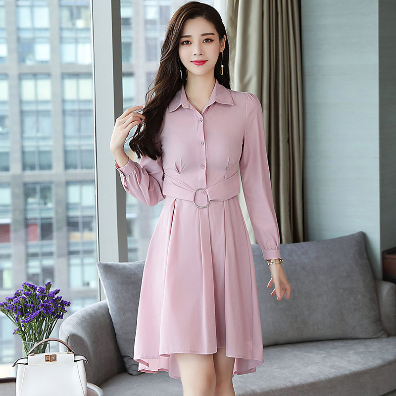 jmoory2020韩版冷淡风连衣裙女装新款春夏季修身收腰显瘦中长款长袖裙