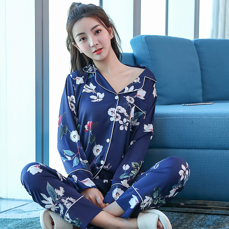 波迷娜(BOMINA)小仙女穿的睡衣呢季甜美薄款服[桑]睡衣女季长袖甜美可爱两件套装丝绸薄款服