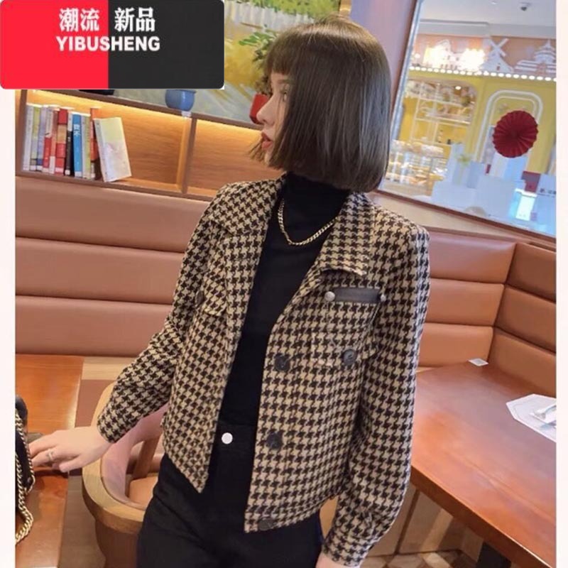 YIBUSHENG短款外套女2023新款小个子百搭千鸟格小香风夹克洋气休闲上短 M 图片色常规里布