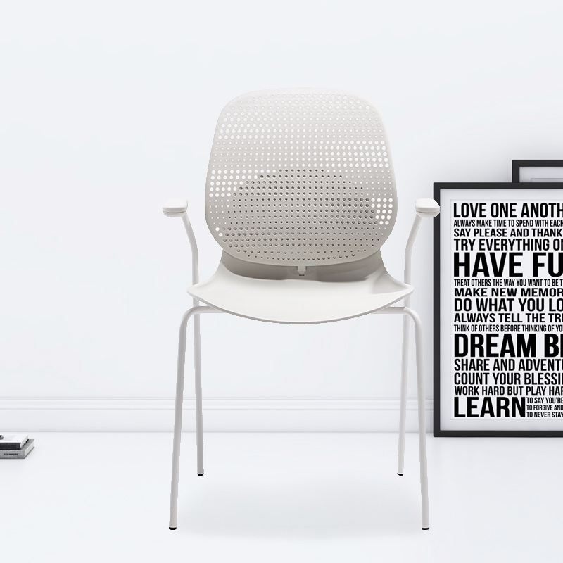 臻远ZY-7835 简约休闲办公椅轻奢铁艺靠背椅 白背白座扶手款高清大图