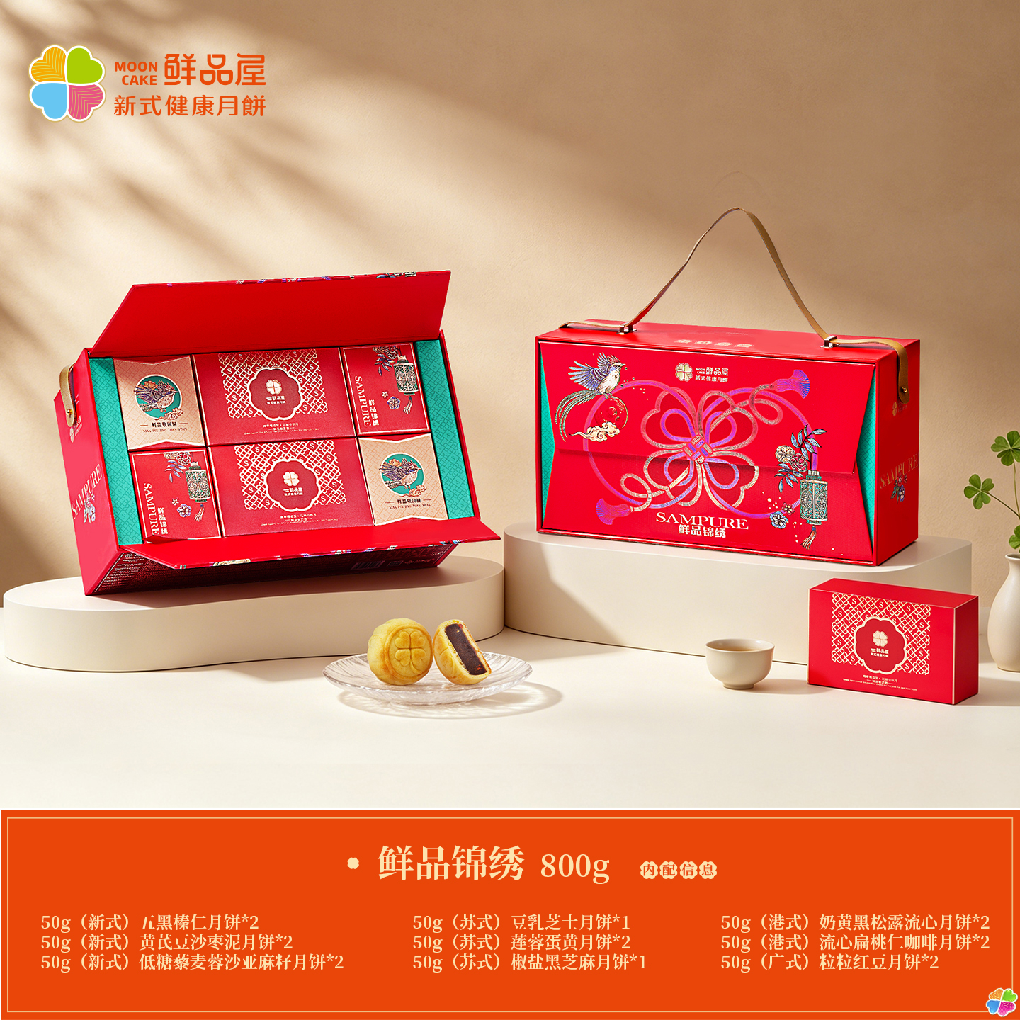 鲜品屋-800g鲜品锦绣中秋礼盒4式9味16饼新式苏式广式港式4种风格月饼盒型经典高清大图