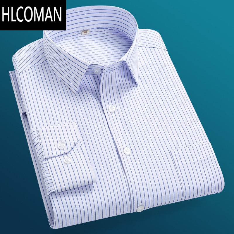 HLCOMAN父亲男装长袖衬衫中老年条纹宽松加肥加大码短袖衬衣爸爸装 蓝色08-6长袖 48230-248斤