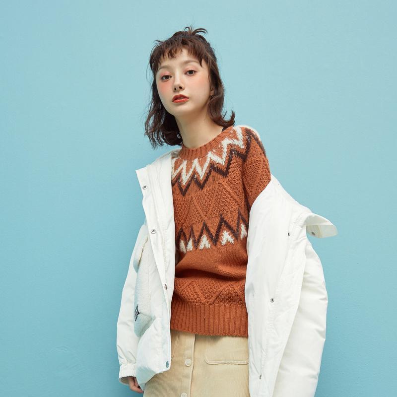 [1件5折价:85]美特斯邦威圆领长袖毛衫女宽松新款冬季简约费尔岛提花毛衣女