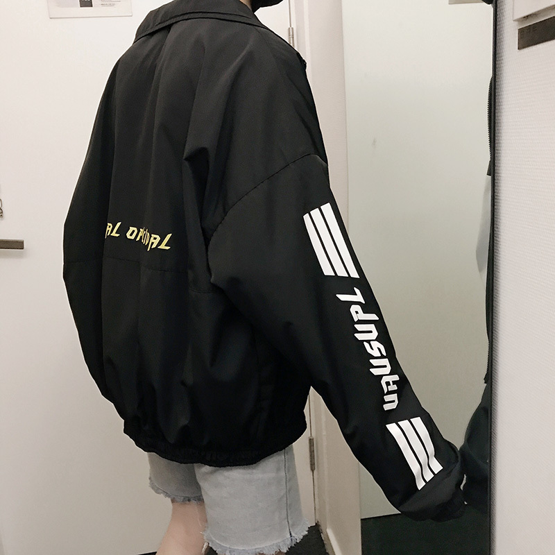 学生2018早春新品港风情侣夹克韩国时尚男宽松印花拼接夹克外套