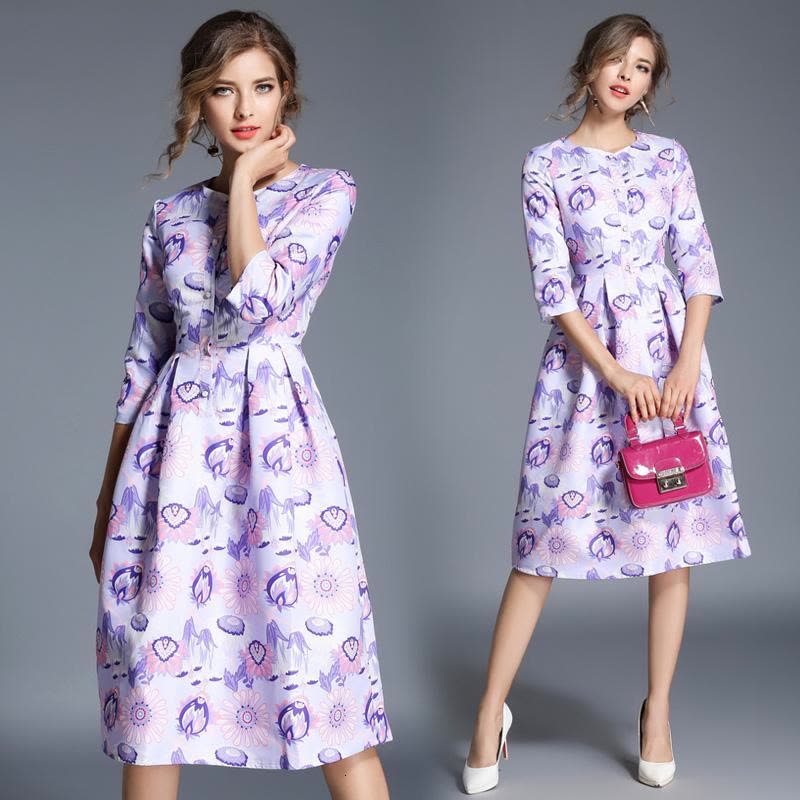 2017春款紫色提花收腰大印花七分袖中长款气质连衣裙6559图片