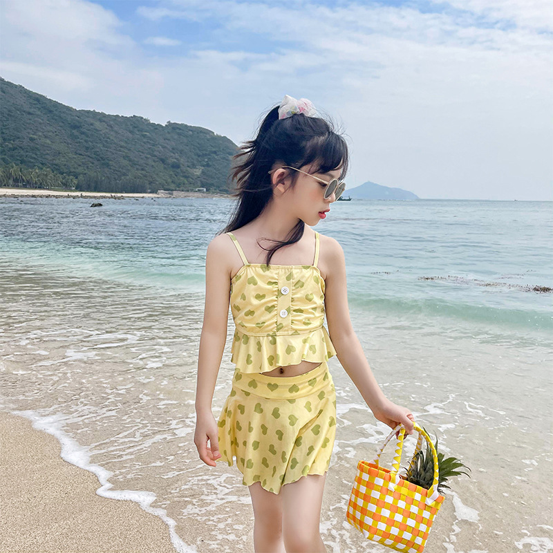 儿童泳衣女女童中大童学生保守分体高腰公主裙式可爱分体比基尼