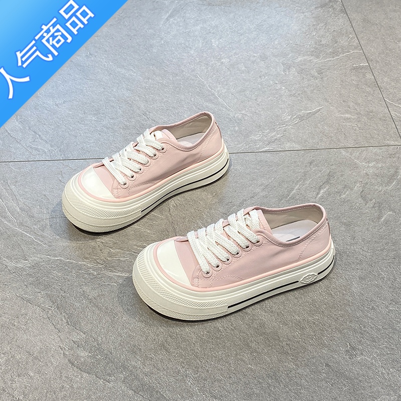 SUNTEK洋气薄款透气帆布鞋女2023夏新款圆头丑萌增高板鞋百搭厚底休闲鞋高清大图