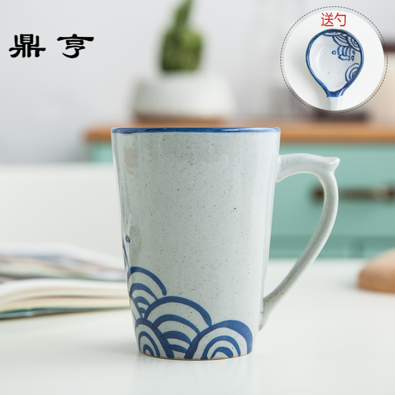 鼎亨 创意杯子陶瓷水杯马克杯送勺咖啡杯牛奶杯简约手绘青花送礼