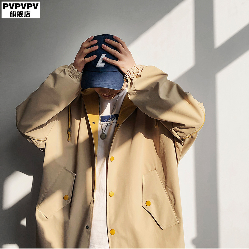 yuansu风衣男连帽中长款秋季大码宽松胖子男士字母印花外套男韩版潮流