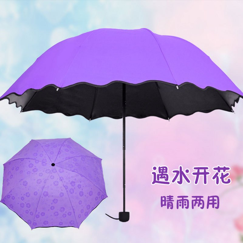 纯色半自动成人遇水开花雨伞防晒不锈钢黑胶晴雨两用三折叠太阳伞女士遮阳伞现代时尚生活日用糖果色晴雨用具