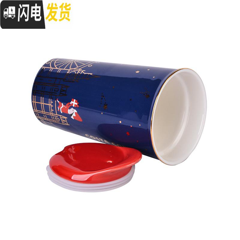 三维工匠杯子陶瓷杯带盖马克杯男女圣诞款水杯英伦随手杯咖啡杯 伦敦圣诞夜-双层陶瓷杯咖啡器具高清大图