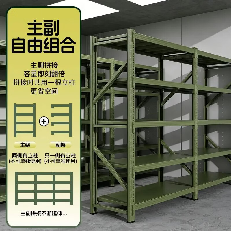 威百达军绿色货架仓储多层货架装备器材架轻型中型重型货架仓库储物架 3层主架YS 150*50*200cm每层承重300K高清大图