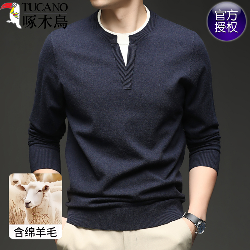 啄木鸟春秋季新款中年男士针织衫爸爸装假两件羊毛衫宽松长袖毛啄高清大图
