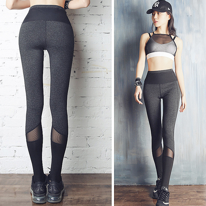 速干瑜伽长裤高腰健身裤子女网纱拼接运动裤踩脚紧身裤秋季跑步裤