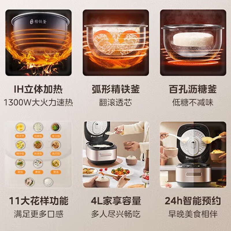 美的(Midea) FB4095HL 电饭煲 4L IH立体加热百孔沥糖釜24h预约复合精铁釜11大菜单功能高清大图