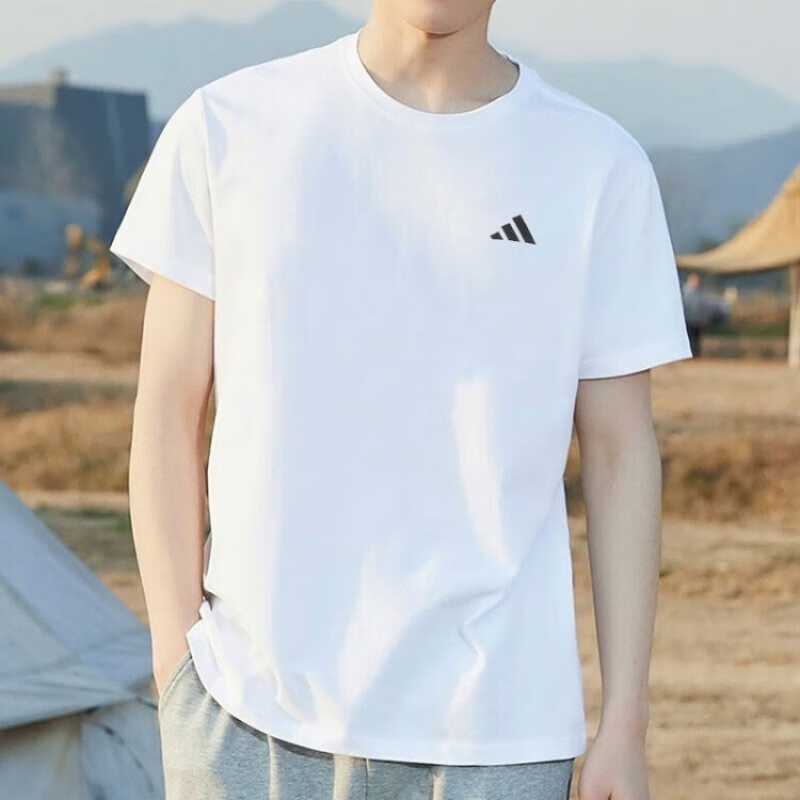 阿迪达斯(adidas) 男装2022春季新款运动服休闲舒适透气耐磨体恤时尚棉质短袖T恤 HR8728/基础款/白色 M