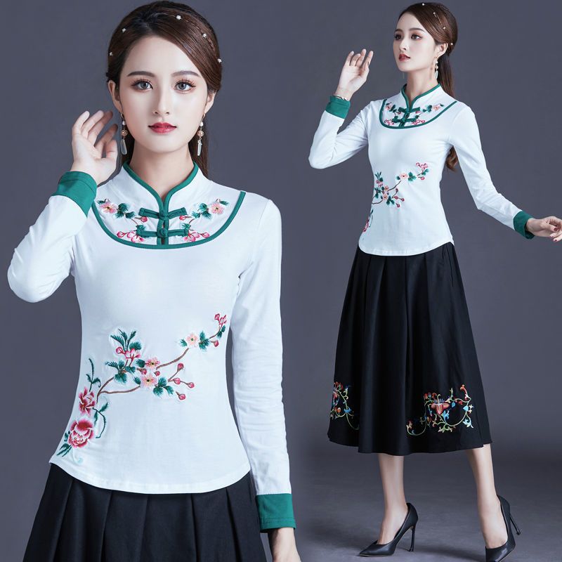 秋冬民族风绣花长袖t恤加绒打底衫 新款中国风盘扣刺绣大码上衣女