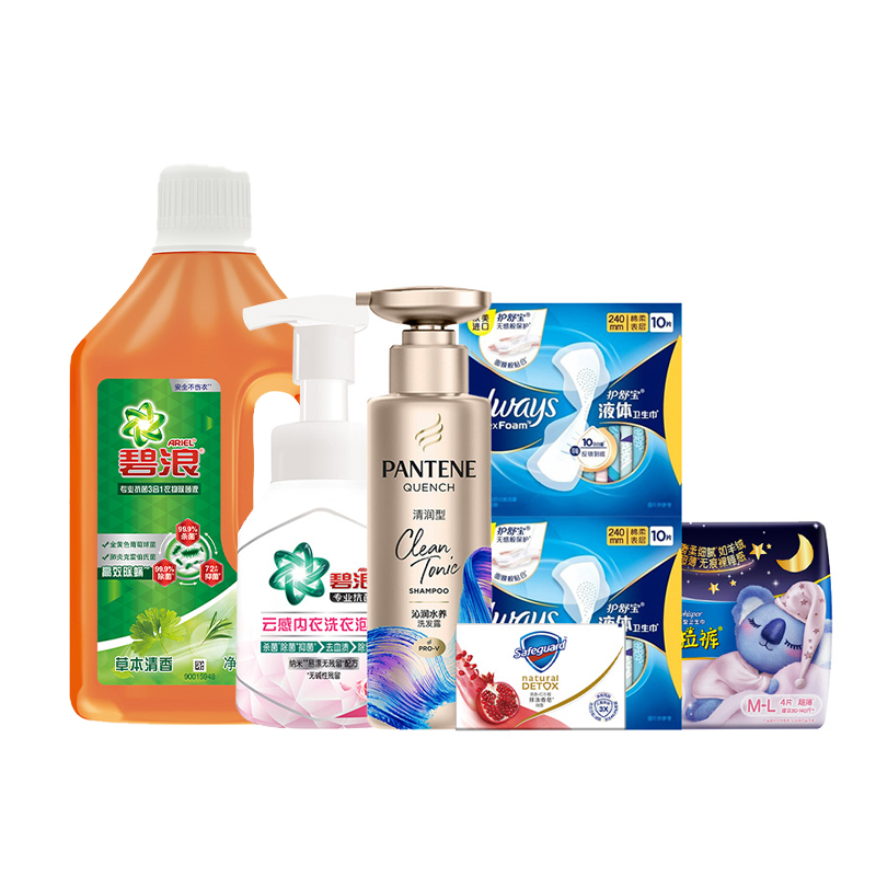宝洁惊喜礼包E【护舒宝液体卫生巾日用10片*2+考拉裤M-L4片装+碧浪云感内衣洗衣泡沫淡雅玫瑰260g等】