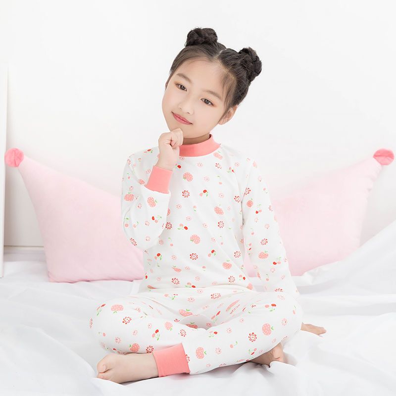 3-17岁儿童内衣套装男童女童秋衣秋裤高中低领毛衫 果粉中领女童图案随机 75码/130(身高120-130）