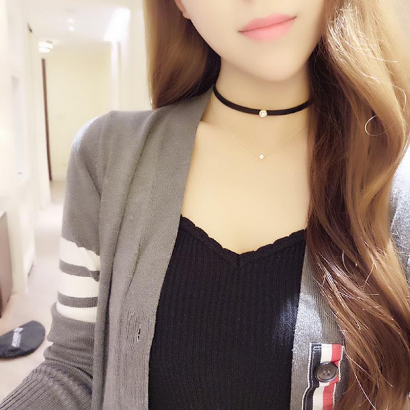 韩国人气新品 女神锆石镶钻皮绳双层颈链 项链锁骨链送女朋友老婆生日礼物送女朋友七夕情人节礼物