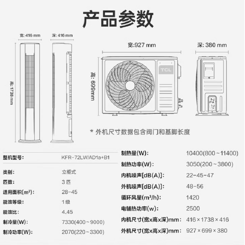 TCL 3匹 标准安装 一级能效 变频冷暖 立式圆柱空调 KFR-72LW/AD1a+B1高清大图