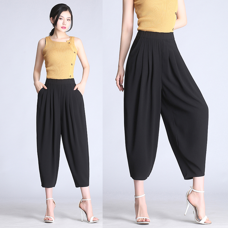 小样传奇雪纺灯笼裤女夏哈伦百褶七分小脚裤2019新款薄款休闲九分裤