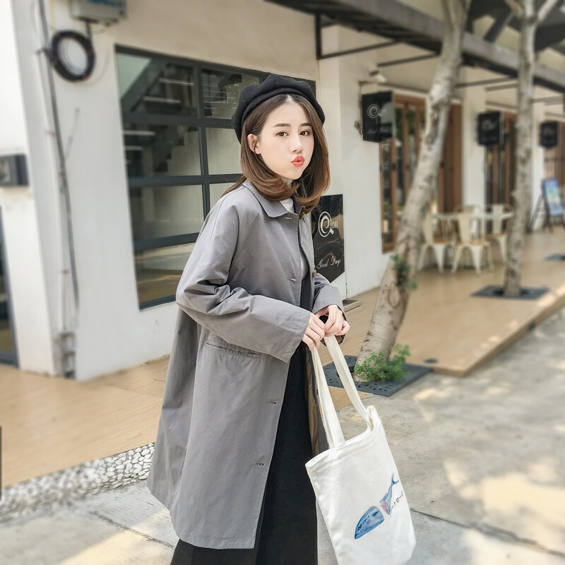 风衣女中长款韩版春季2018lulu秋季气质宽松学生外套灰色均码