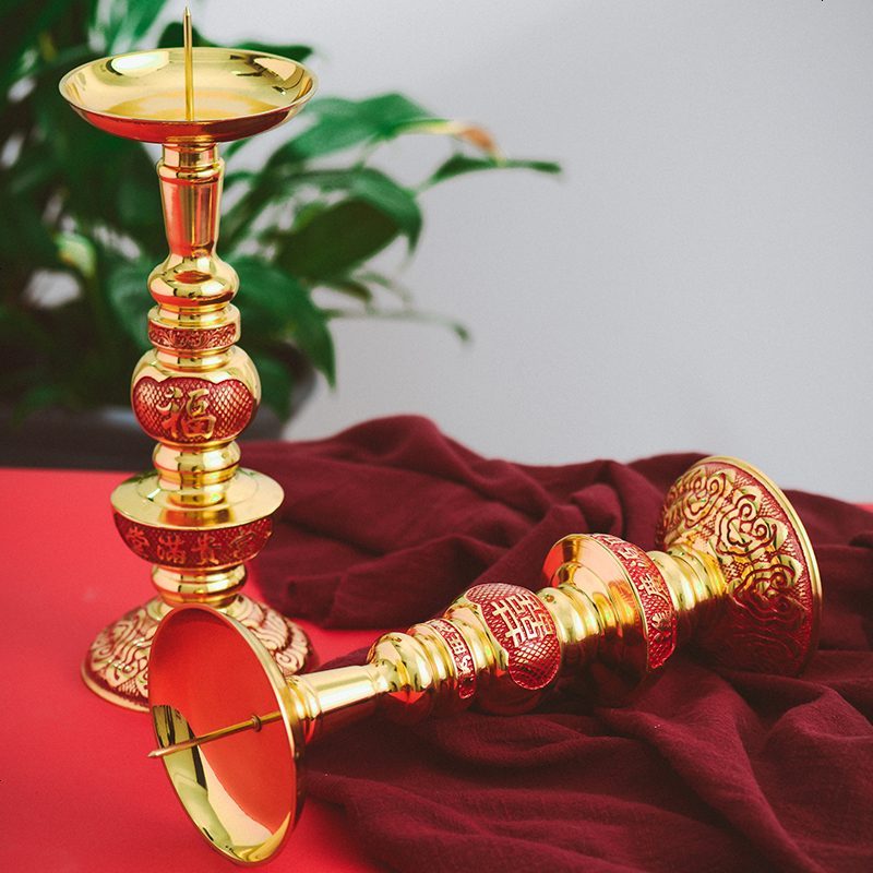 纯铜蜡烛台传统婚庆烛台蜡台中式复古铜烛台福喜乔迁居家用铜烛台