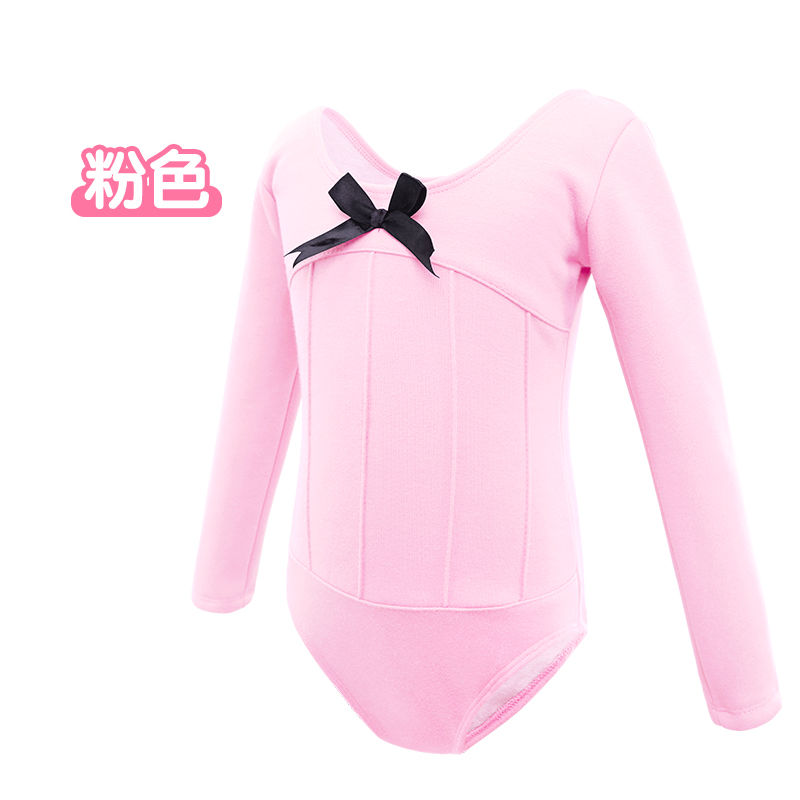 儿童舞蹈服装秋冬长袖加绒加厚芭蕾舞裙分体套装女童连体服练功服 粉红色连体服-开档[建议拍大一码] 105