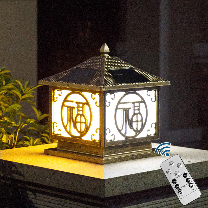 [苏宁自营]太阳能欧式围墙灯柱头灯门柱灯户外墙头灯led别墅庭院方形大门灯 咖啡金色15CM双色[带遥控]